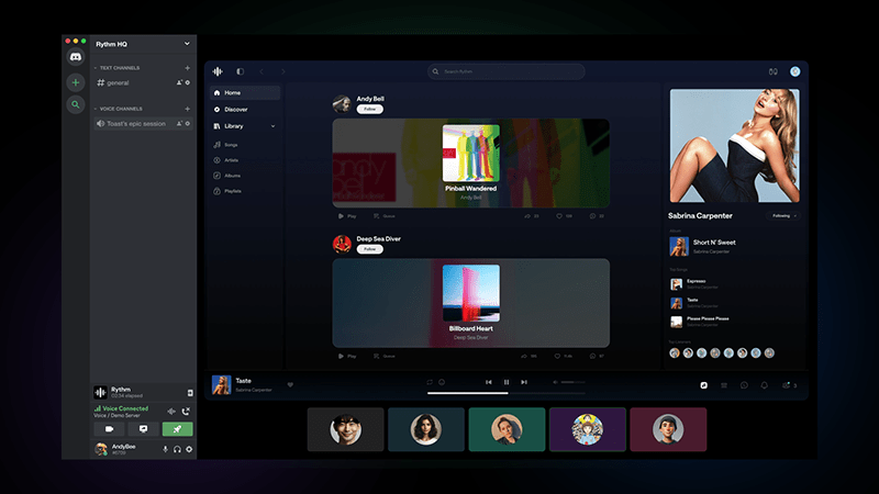 Rythm Activity interface in Discord showing shared music experience