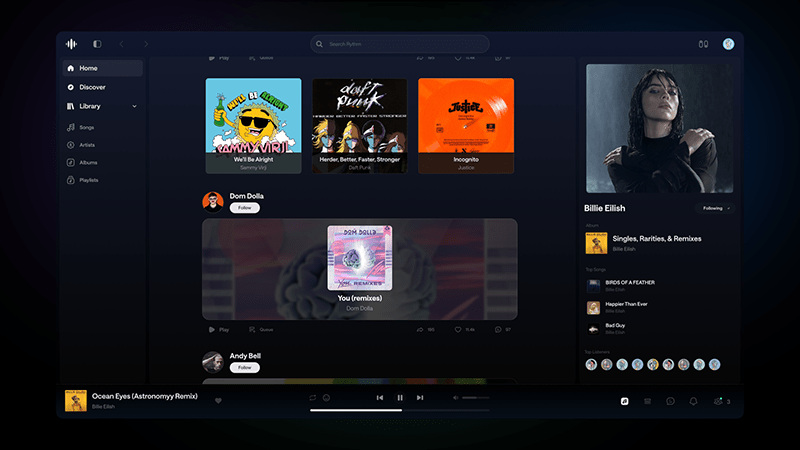 Music streaming web app interface showing playlists and music player
